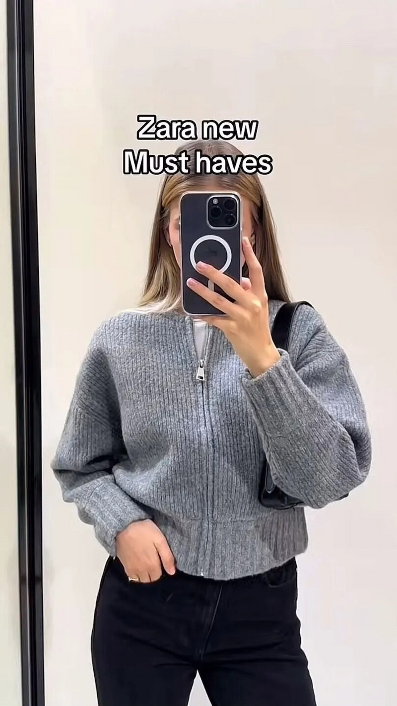 Γυναικείο πλεκτό μπουφάν με φερμουάρ TRAFZA 2023 Y2K Φθινοπωρινό, χαλαρό, στρογγυλό λαιμό, Γυναικείο πουλόβερ Κοντό παλτό χοντρό