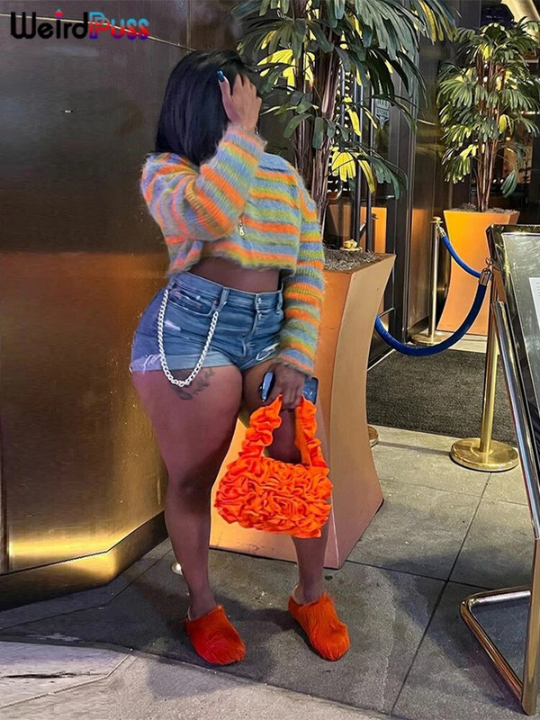 Imelik puss triibuline kampsun naiste sügistrend Ebaregulaarne tõmblukk veniv pikkade varrukatega vabaaja tänavarõivad Hipster Crop mantel