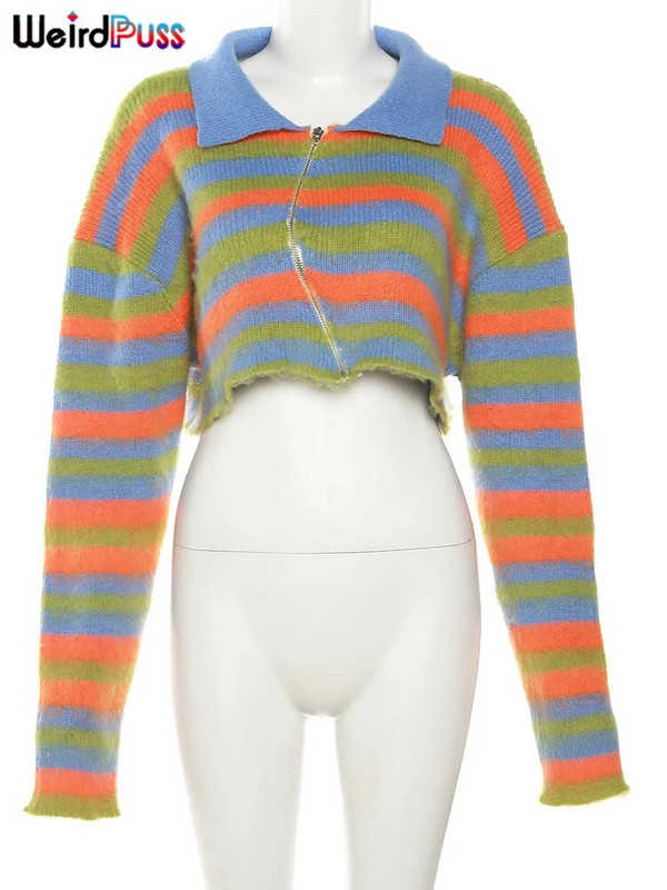 Imelik puss triibuline kampsun naiste sügistrend Ebaregulaarne tõmblukk veniv pikkade varrukatega vabaaja tänavarõivad Hipster Crop mantel