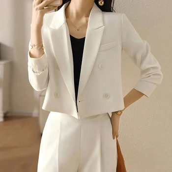 Lucyever Black Cropped Blazers για Γυναικεία Κορεάτικη μόδα κοστούμι γραφείου με διπλό στήθος Γυναικείο vintage μακρυμάνικο πανωφόρι