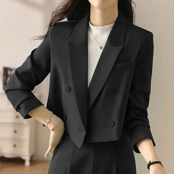 Lucyever Black Cropped Blazers για Γυναικεία Κορεάτικη μόδα κοστούμι γραφείου με διπλό στήθος Γυναικείο vintage μακρυμάνικο πανωφόρι