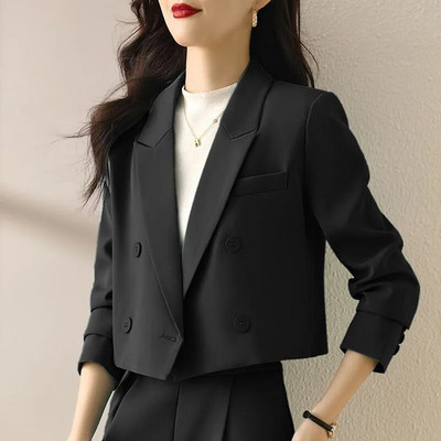 Lucyever mustad kärbitud bleiserid naistele Korea moodne kaherealine kontoriülikonna mantel Naiste vintage pikkade varrukatega ülerõivad