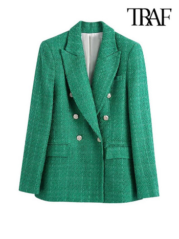 Γυναικεία TRAF Fashion Double Breasted Tweed Green Blazer Παλτό Vintage με μακρυμάνικο πτερύγιο τσέπες Γυναικεία πανωφόρια Chic γιλέκο