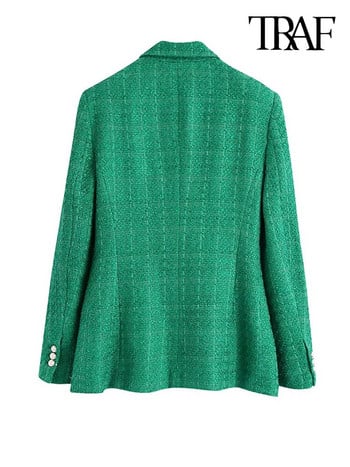 Γυναικεία TRAF Fashion Double Breasted Tweed Green Blazer Παλτό Vintage με μακρυμάνικο πτερύγιο τσέπες Γυναικεία πανωφόρια Chic γιλέκο