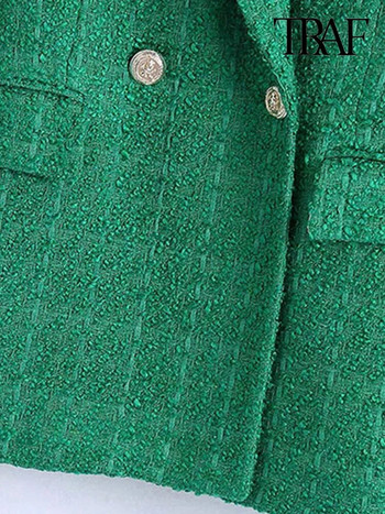 Γυναικεία TRAF Fashion Double Breasted Tweed Green Blazer Παλτό Vintage με μακρυμάνικο πτερύγιο τσέπες Γυναικεία πανωφόρια Chic γιλέκο