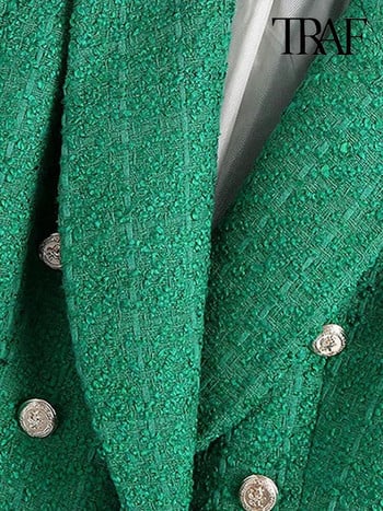 Γυναικεία TRAF Fashion Double Breasted Tweed Green Blazer Παλτό Vintage με μακρυμάνικο πτερύγιο τσέπες Γυναικεία πανωφόρια Chic γιλέκο