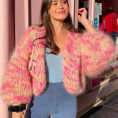 Õõnespaneelidega lipsuvärvi kint naiste kampsun, sügisene pika laternaga varrukatega naiste kampsun 2023 moodne lahtine lühike naiste mantel