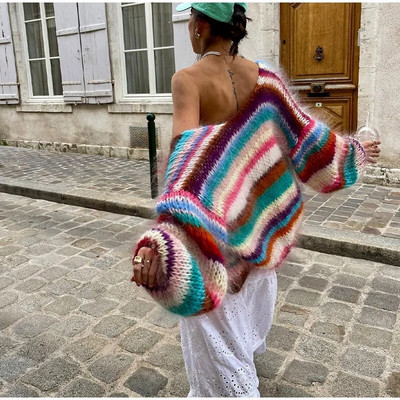 Õõnespaneelidega lipsuvärvi kint naiste kampsun, sügisene pika laternaga varrukatega naiste kampsun 2023 moodne lahtine lühike naiste mantel