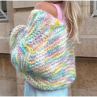 Õõnespaneelidega lipsuvärvi kint naiste kampsun, sügisene pika laternaga varrukatega naiste kampsun 2023 moodne lahtine lühike naiste mantel