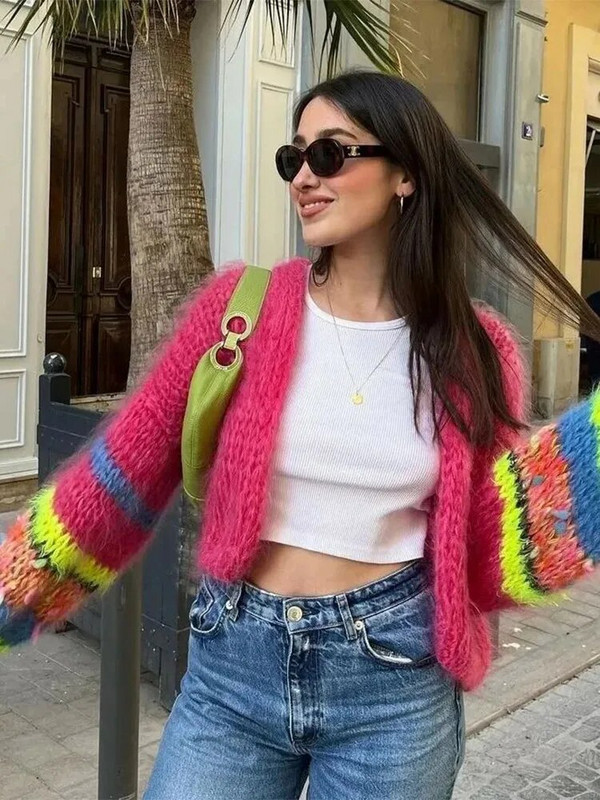 Õõnespaneelidega lipsuvärvi kint naiste kampsun, sügisene pika laternaga varrukatega naiste kampsun 2023 moodne lahtine lühike naiste mantel