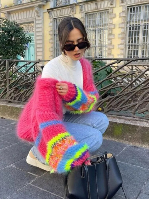 Õõnespaneelidega lipsuvärvi kint naiste kampsun, sügisene pika laternaga varrukatega naiste kampsun 2023 moodne lahtine lühike naiste mantel