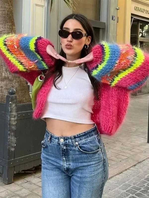 Õõnespaneelidega lipsuvärvi kint naiste kampsun, sügisene pika laternaga varrukatega naiste kampsun 2023 moodne lahtine lühike naiste mantel