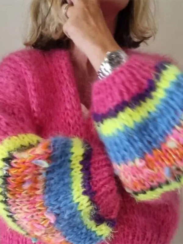 Õõnespaneelidega lipsuvärvi kint naiste kampsun, sügisene pika laternaga varrukatega naiste kampsun 2023 moodne lahtine lühike naiste mantel