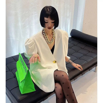 Γυναικείο σακάκι με κοντό μανίκι με λαιμόκοψη με λαιμόκοψη με κοντό μανίκι Y2k Κορεάτικο σακάκι μόδας casual loose παλτό Λευκό μαύρο σακάκι