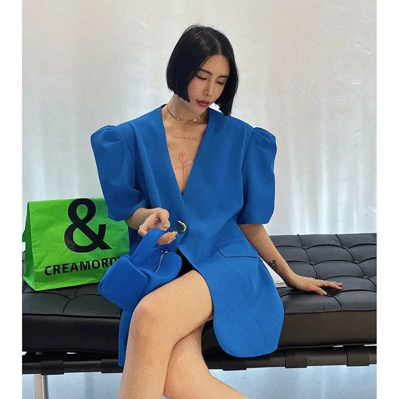 V-kaelusega mull lühikeste varrukatega bleiser naiste Y2k top Korea mood jakk vabaaja mantlid valge must bleiser