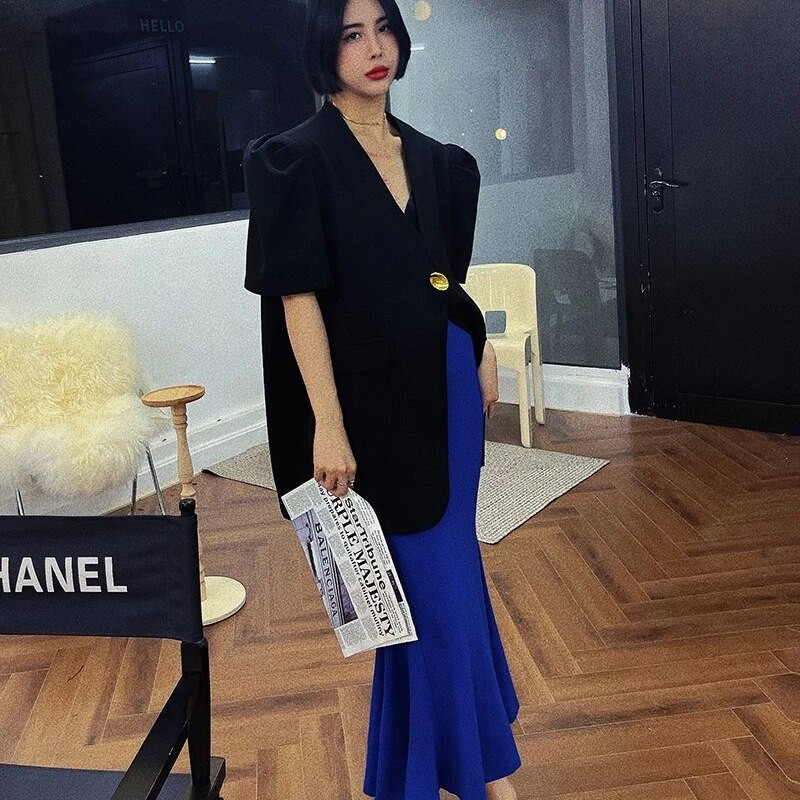 V-kaelusega mull lühikeste varrukatega bleiser naiste Y2k top Korea mood jakk vabaaja mantlid valge must bleiser