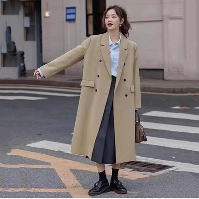 Khakivärvi bleisermantlid Naiste pikad Y2k vabaaja Gabardina jakid korealane Abrigo kaherealine tuulejakk Casaco uus chaquetas