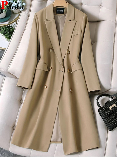 Блейзър в цвят каки Дамски дълги Y2k Ежедневни якета от габардина Корейски Abrigo Двуредна ветровка Casaco New Chaquetas