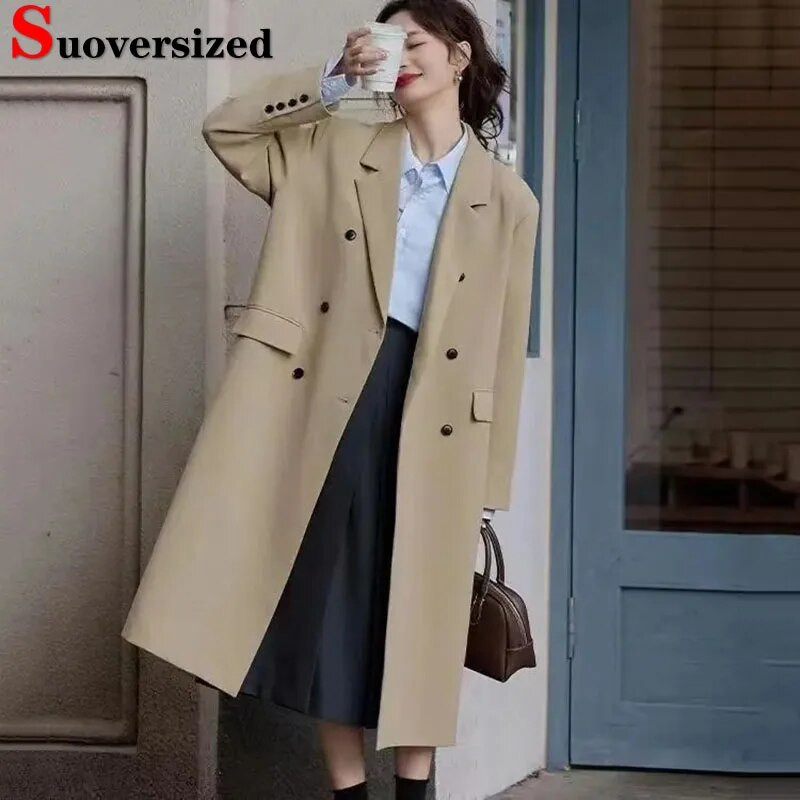 Khakivärvi bleisermantlid Naiste pikad Y2k vabaaja Gabardina jakid korealane Abrigo kaherealine tuulejakk Casaco uus chaquetas