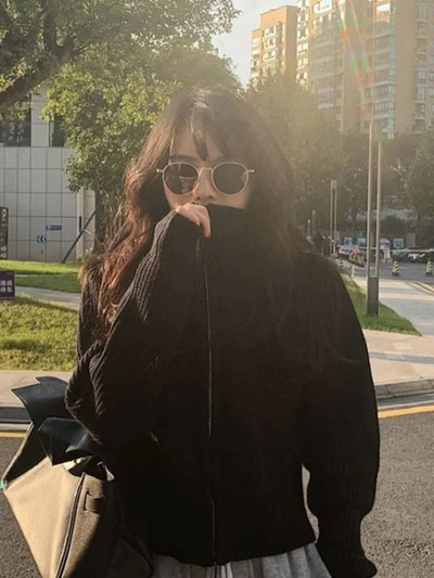 Y2k esteetiline Harajuku kardigan Mujer Kardigan Turtleneck Streetwear hallid kärbitud topid lukuga 2023 sügis All Match soliidne kampsun