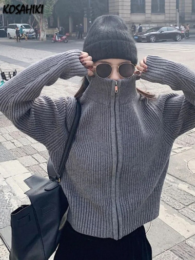 Y2k esteetiline Harajuku kardigan Mujer Kardigan Turtleneck Streetwear hallid kärbitud topid lukuga 2023 sügis All Match soliidne kampsun