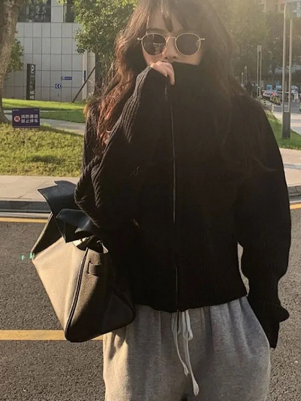 Y2k Estetski Harajuku kardigan Mujer Kardigan s dolčevitom i uličnom odjećom Sive kratke majice s patentnim zatvaračem Jesen 2023. Jednobojni jednobojni pulover