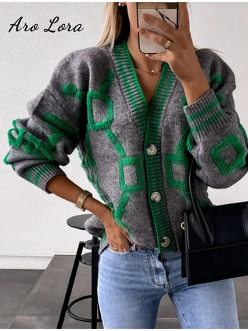 Дамска плетена жилетка с V-образно деколте, пуловер, палто, розови раирани копчета, ретро жилетки, есен, зима 2023, свободни ежедневни пуловери