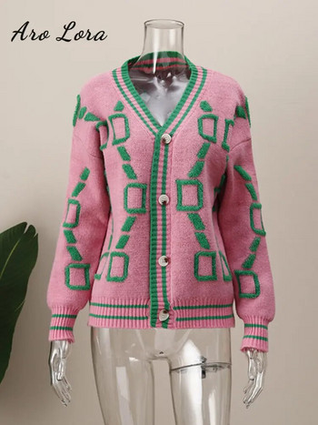 Дамска плетена жилетка с V-образно деколте, пуловер, палто, розови раирани копчета, ретро жилетки, есен, зима 2023, свободни ежедневни пуловери