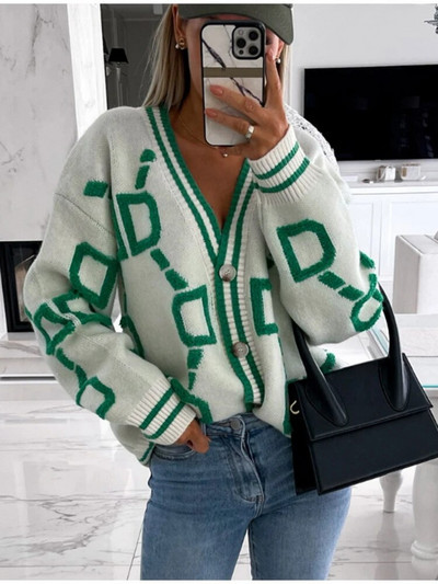 Moteriški megztiniai megztiniai su V kaklu, megztinis, rausvos spalvos dryžuotas mygtukas, vintažiniai megztiniai, 2023 m. rudens, žiemos laisvi, laisvalaikio megztiniai