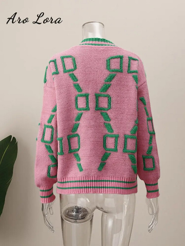 Moteriški megztiniai megztiniai su V kaklu, megztinis, rausvos spalvos dryžuotas mygtukas, vintažiniai megztiniai, 2023 m. rudens, žiemos laisvi, laisvalaikio megztiniai