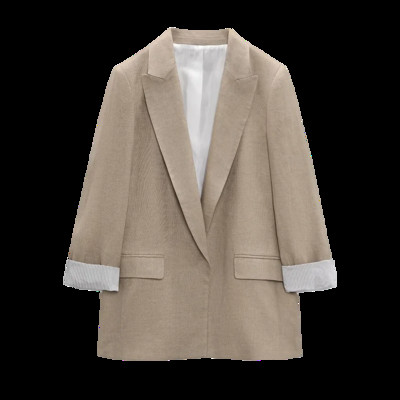 2023 Γυναικεία μοντέρνα μανσέτα λινό μπλέιζερ παλτό Vintage μακρυμάνικο τσέπες με ύφασμα Γυναικεία πανωφόρια κομψά