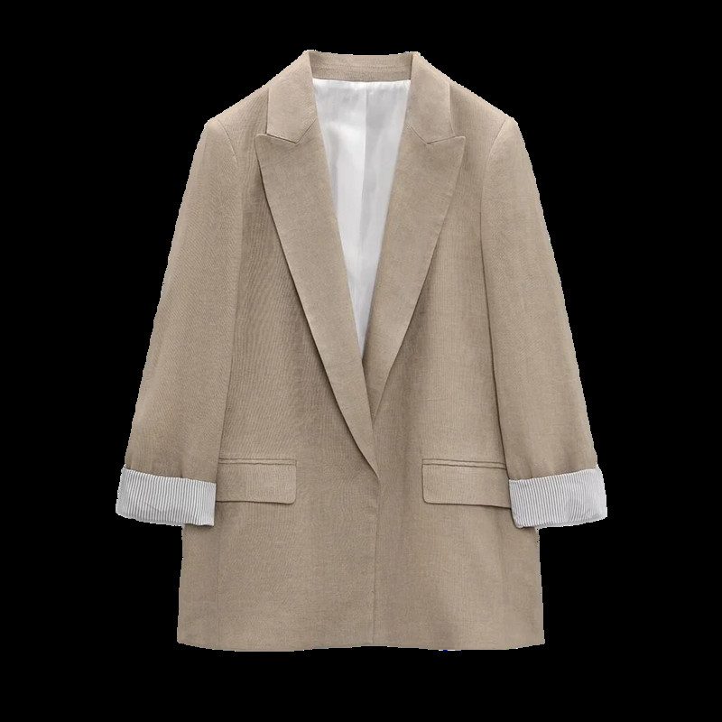 2023 Γυναικεία μοντέρνα μανσέτα λινό μπλέιζερ παλτό Vintage μακρυμάνικο τσέπες με ύφασμα Γυναικεία πανωφόρια κομψά