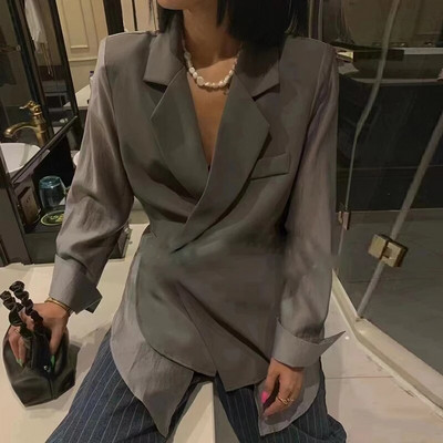 TWOTWINSTYLE Μόδα άνοιξη μονόχρωμο σακάκι για γυναίκες με οδοντωτό γιακά με μακρυμάνικο κορδόνι μέχρι χαλαρά σακάκια γυναικεία στυλ 2022