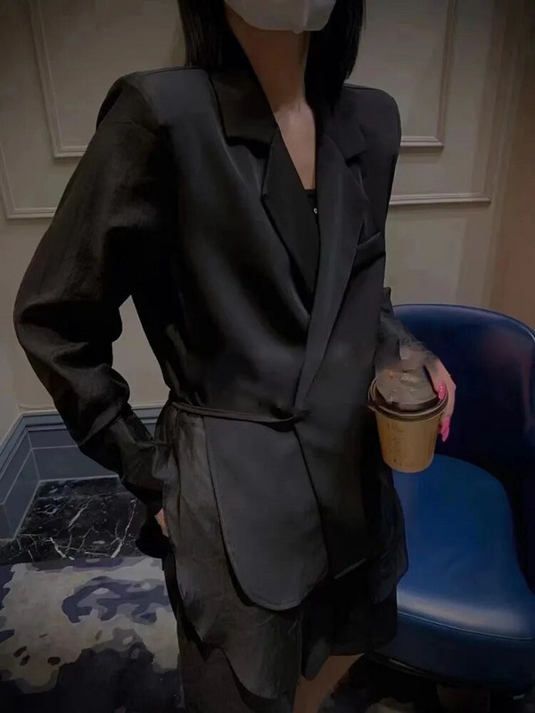 TWOTWINSTYLE Μόδα άνοιξη μονόχρωμο σακάκι για γυναίκες με οδοντωτό γιακά με μακρυμάνικο κορδόνι μέχρι χαλαρά σακάκια γυναικεία στυλ 2022