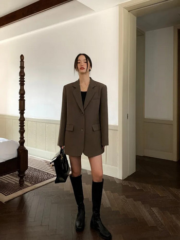 Μαύρο μακρυμάνικο κοστούμι σακάκι για γυναικεία μόδα Κορεατικό πίσω σπαστό γραφείο Lady Blazer Παλτό 2023 Άνοιξη φθινόπωρο μπουφάν