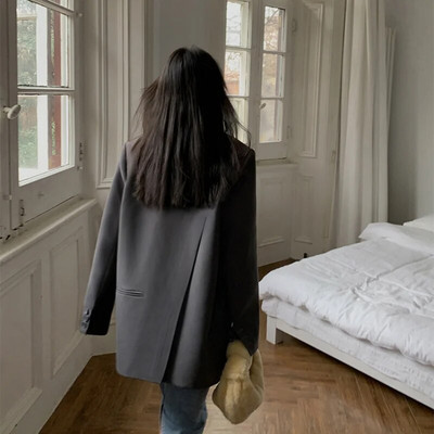 Must pikkade varrukatega kostüümjakk naiste moe jaoks Korea seljaosa lõhestatud kontori naiste bleisermantel 2023. aasta kevad-sügisjope jakk