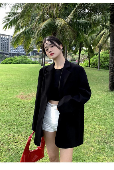 Must pikkade varrukatega kostüümjakk naiste moe jaoks Korea seljaosa lõhestatud kontori naiste bleisermantel 2023. aasta kevad-sügisjope jakk