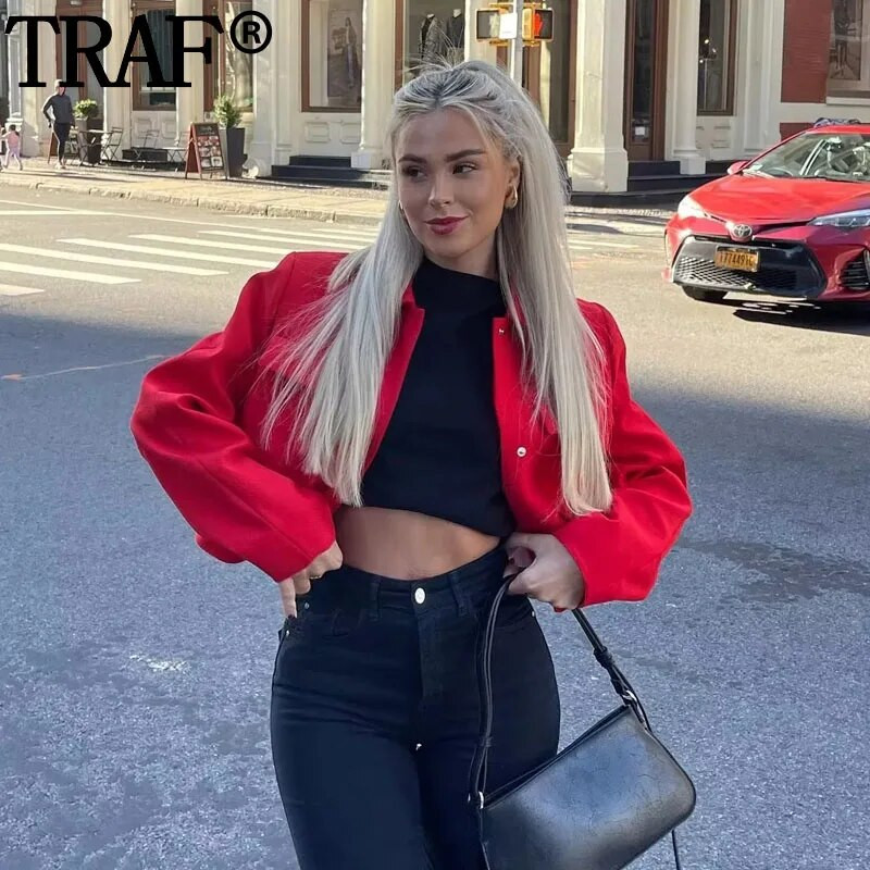 TRAF kärbitud jope, naiste kontoririided, punane bleiser naistele, elegantne stiilne pikkade varrukatega uus jakk Moodne lühike bleiser