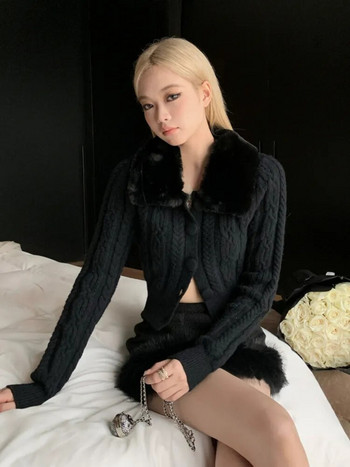 Χειμερινό vintage πλεκτό γυναικείο πουλόβερ Κορεατικής μόδας Γούνα λεπτή ζακέτα Γυναικεία μακρυμάνικη κάζουαλ Ζεστό κοντό παλτό Y2K 2023