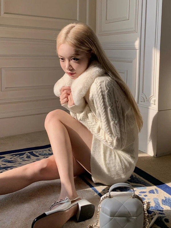 Talvine vintage kootud kampsun naiste Korea mood karusnaha õhuke naiste kardigan pikkade varrukatega vabaaja soe Y2K lühike kampsun 2023