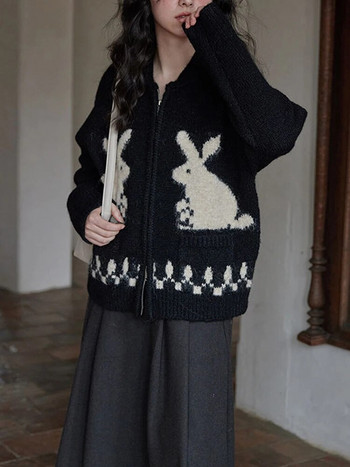 Дамска жилетка Есенно-зимен плетен пуловер Дамски винтидж ежедневен джъмпер с цип Женски сладки широки заешки жакардови жилетки