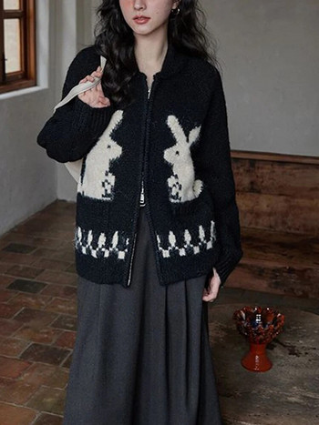 Дамска жилетка Есенно-зимен плетен пуловер Дамски винтидж ежедневен джъмпер с цип Женски сладки широки заешки жакардови жилетки