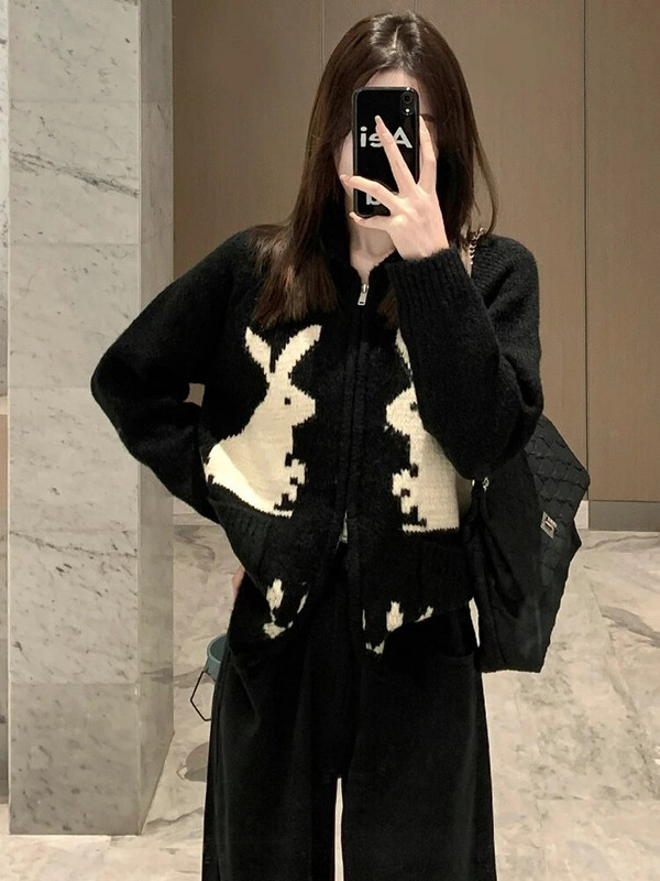 Naiste sügistalvine kootud kampsun Naiste vintage vabaaja tõmblukuga kampsun Naiste magusad lahtised jänese žakaarkardinad