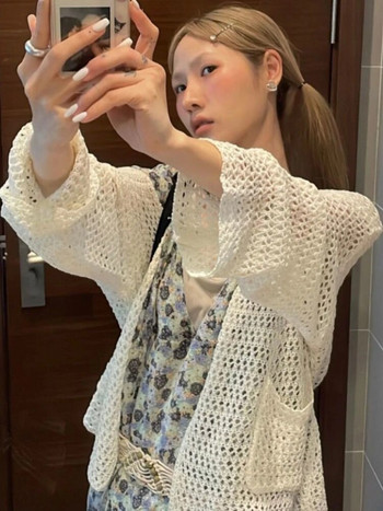 Плетена жилетка Deeptown Harajuku Дамска винтидж издълбана огромна пуловер Корейска мода Свободни ежедневни тънки горнища с дълъг ръкав