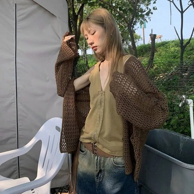 Deeptown Harajuku silmkoeline kardigan naiste vintage õõnsad ülisuured kampsunid Korea moe vaba vabaaja pikkade varrukatega õhukesed topid