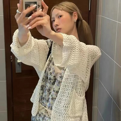 Deeptown Harajuku silmkoeline kardigan naiste vintage õõnsad ülisuured kampsunid Korea moe vaba vabaaja pikkade varrukatega õhukesed topid