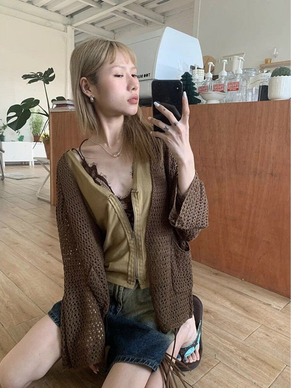 Deeptown Harajuku silmkoeline kardigan naiste vintage õõnsad ülisuured kampsunid Korea moe vaba vabaaja pikkade varrukatega õhukesed topid