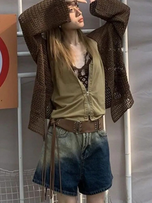 Deeptown Harajuku silmkoeline kardigan naiste vintage õõnsad ülisuured kampsunid Korea moe vaba vabaaja pikkade varrukatega õhukesed topid