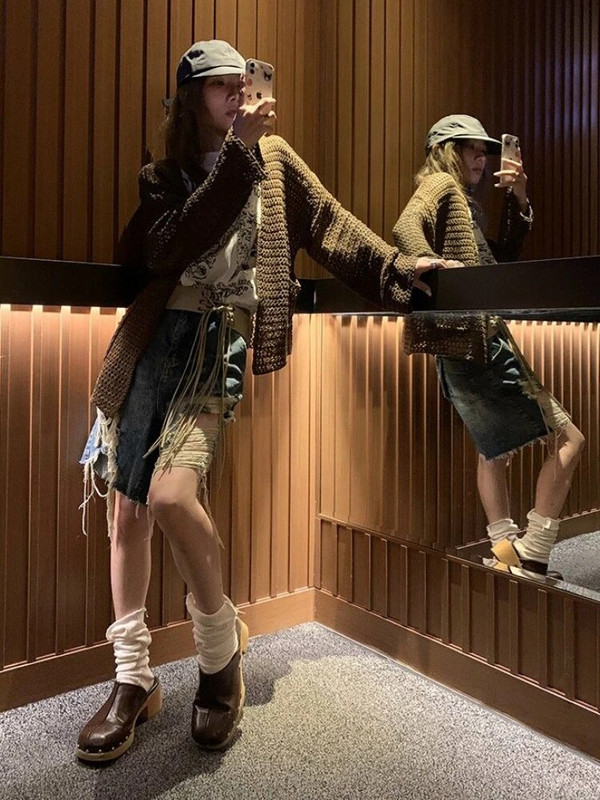 Deeptown Harajuku silmkoeline kardigan naiste vintage õõnsad ülisuured kampsunid Korea moe vaba vabaaja pikkade varrukatega õhukesed topid