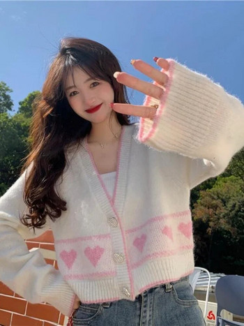 Κορεάτικη μόδα Γλυκό πλεκτό Ζακέτα Γυναικεία Λευκή Καρδιά Κουμπί Ζακάρ Πουλόβερ Y2k Χαριτωμένα Πλεκτά Crop Tops Φθινοπωρινά ρούχα